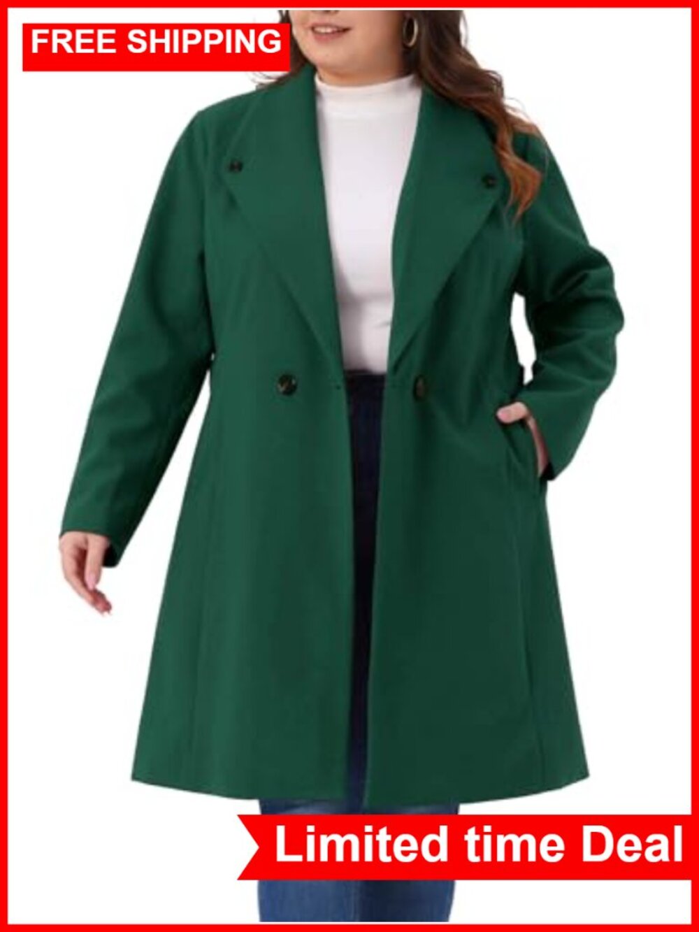 Women's Plus Size Pea Coat Double Breasted Belted Midi Winter Coat